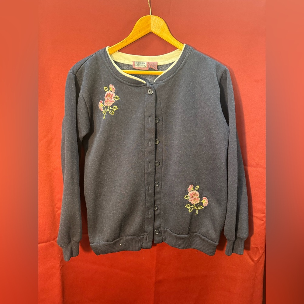 Premier International Navy Grandma Cardigan Embroidered Flowers - Size Medium